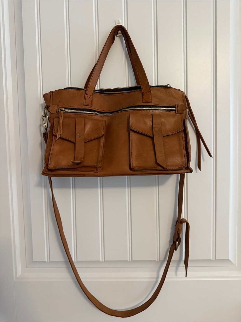 Raven + Lily Cognac Brown Leather Shoulder Bag with Front Pockets